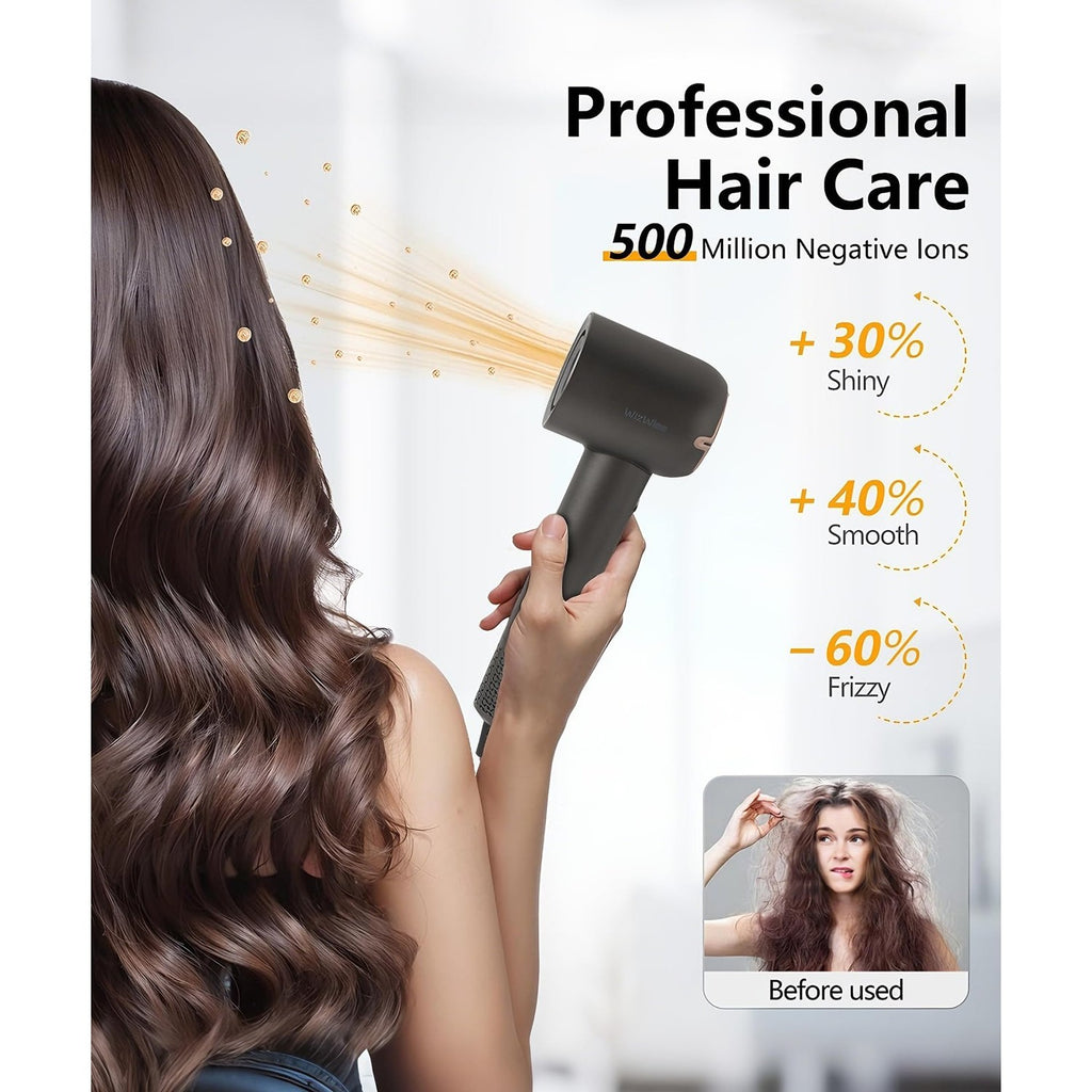 Experience professional hair care with this high-speed hair dryer, featuring shiny finish and 500 million negative ions for frizz-free styling. Available at Curat Cart.