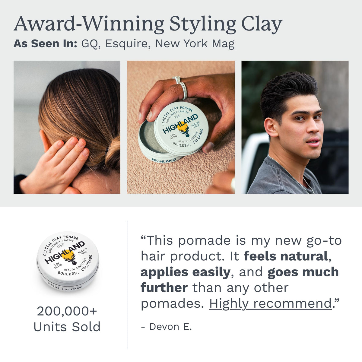 Highland Glacial Hair Clay Pomade, award-winning styling clay. Verified by CuratCart for quality assurance.