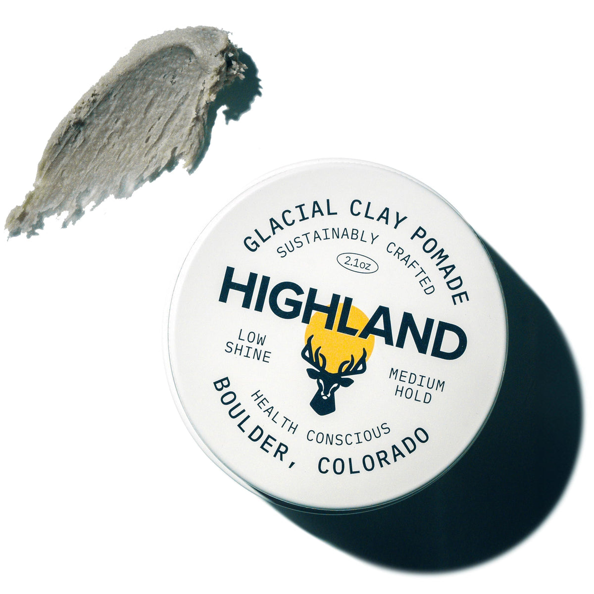 100% Genuine Highland Glacial Hair Clay Pomade, sustainably crafted for medium hold and low shine, from Boulder, Colorado.
