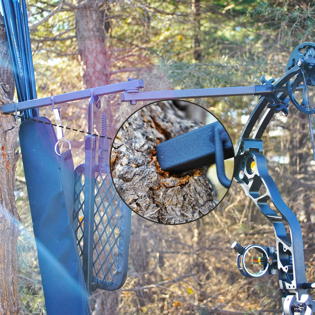 Highwild Tree Stand Bow Hanger securely affixed to a tree, showcasing its durability. 100% Authentic, available at Curat Cart.
