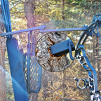 Highwild Tree Stand Bow Hanger securely affixed to a tree, showcasing its durability. 100% Authentic, available at Curat Cart.