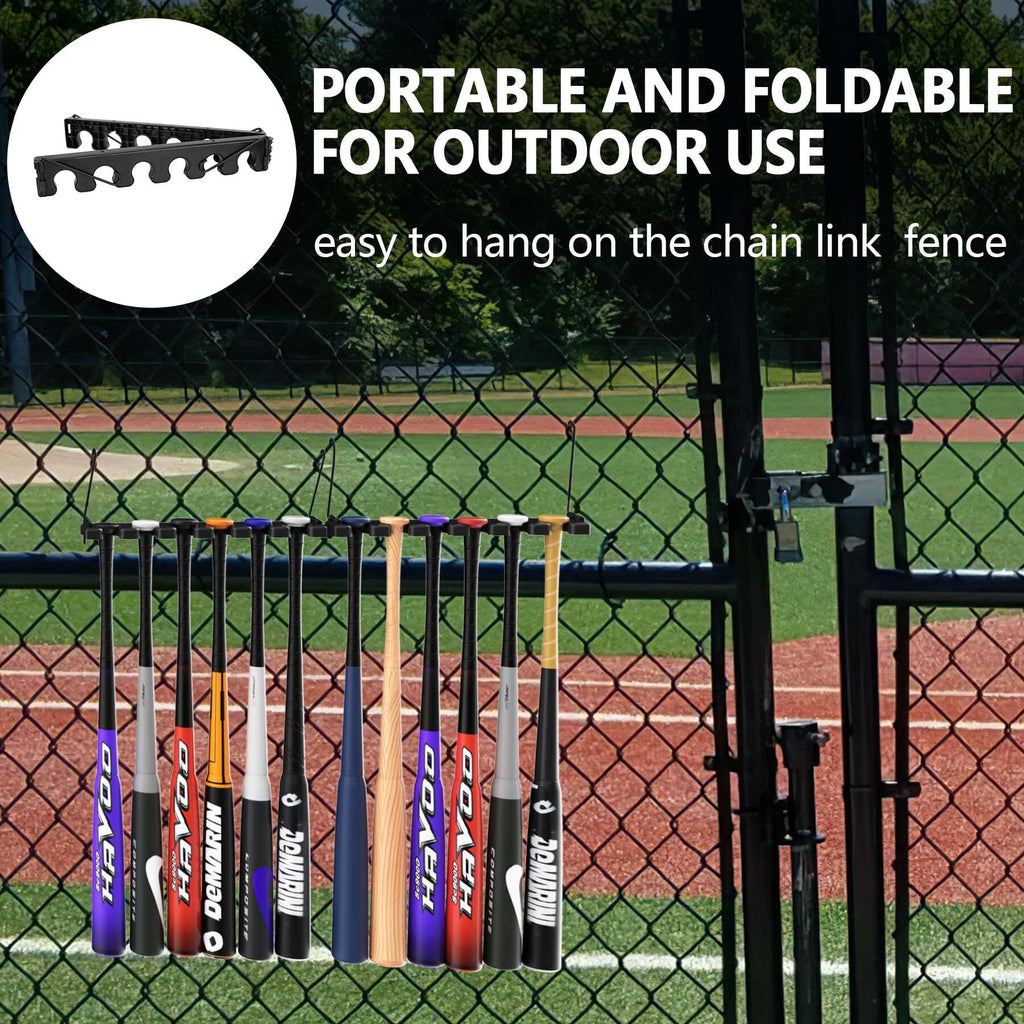 Hikeen Baseball Bat Rack Organizer showcased on a chain link fence, designed for outdoor use. High-quality finish available at Curat Cart.
