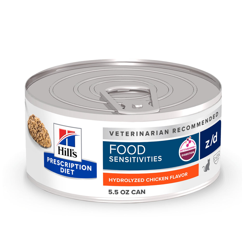 Hill's z/d Skin Food Sensitivities in hydrolyzed chicken flavor, a premium import recommended by veterinarians, available at Curat Cart.