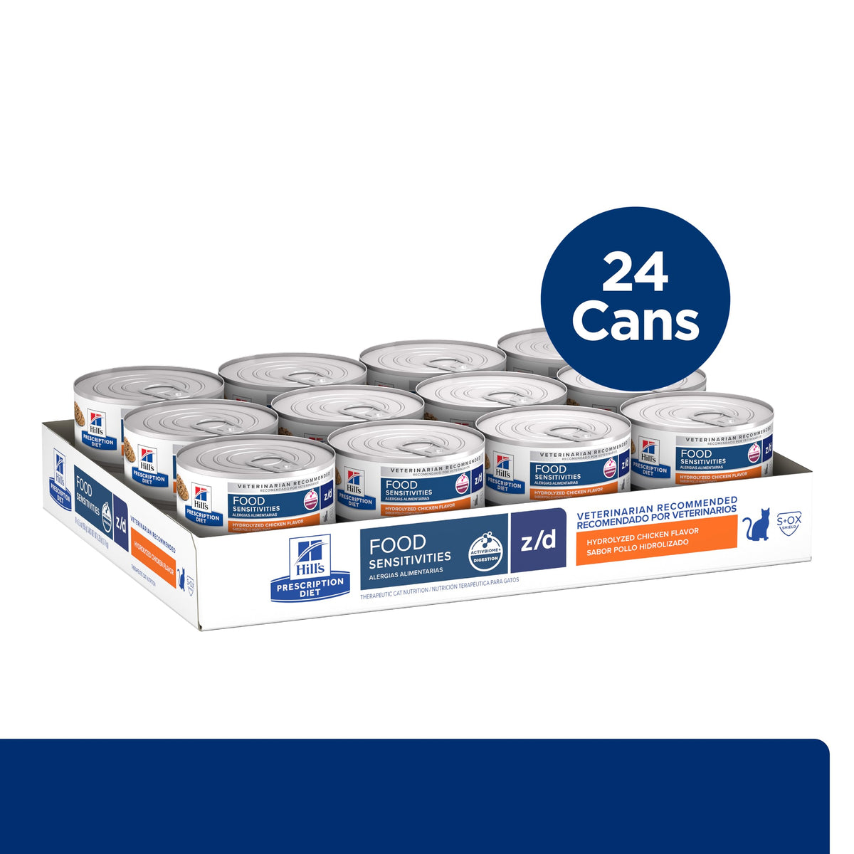 High-quality packaging of Hill's z/d Skin Food Sensitivities, featuring 24 cans for skin sensitivities. Available at Curat Cart.