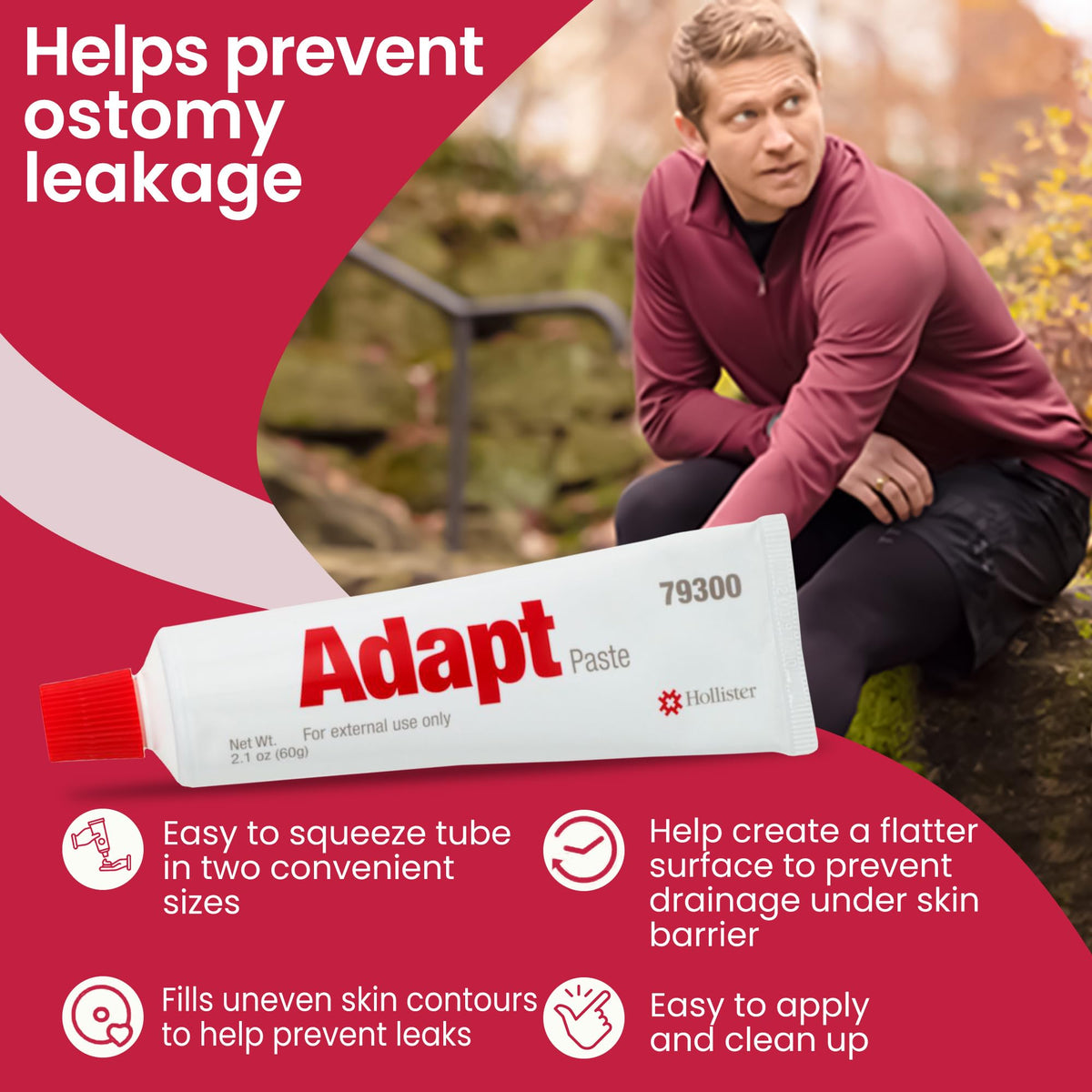 Hollister Adapt Skin Barrier Paste in official packaging, designed to prevent ostomy leakage. Available at Curat Cart.