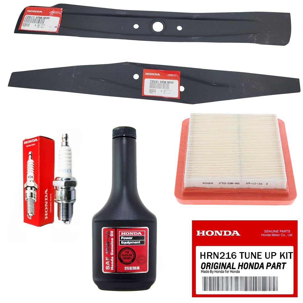 Premium imported Honda HRN216 Lawn Mower Tune Up Kit featuring blades, spark plug, and oil, available at Curat Cart.