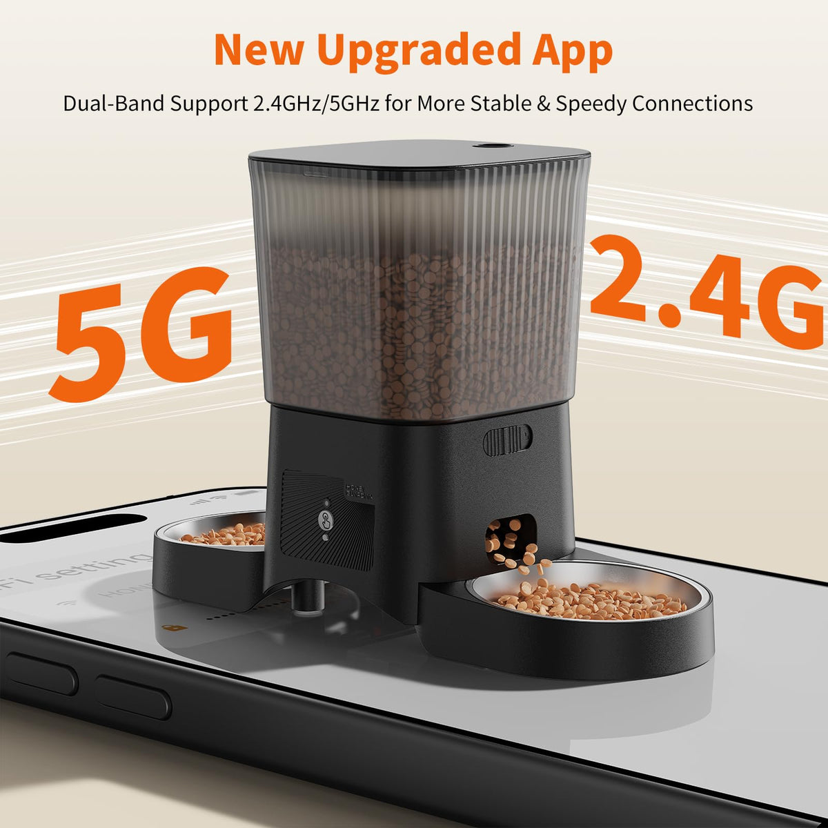 HoneyGuaridan Automatic Cat Feeder in official packaging, featuring dual-band support for stable connections. Available at Curat Cart.