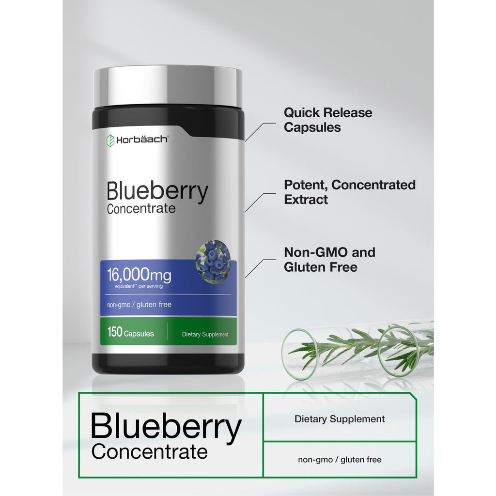 Discover Horbäach Blueberry Concentrate, featuring 16,000mg of potent extract in gluten-free capsules. Exclusively at Curat Cart.