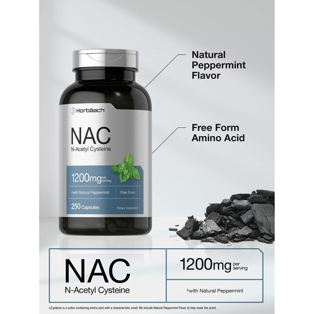Horbäach NAC N-Acetyl Cysteine Supplement in official packaging, featuring natural peppermint flavor. Available at Curat Cart.