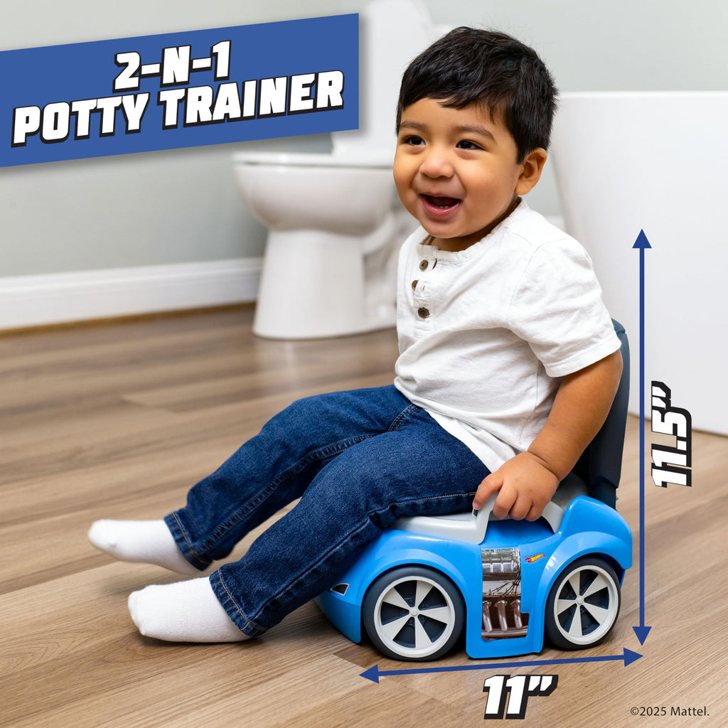 A toddler smiles while sitting on a blue race car potty trainer, perfect for making potty training fun. Verified by CuratCart.