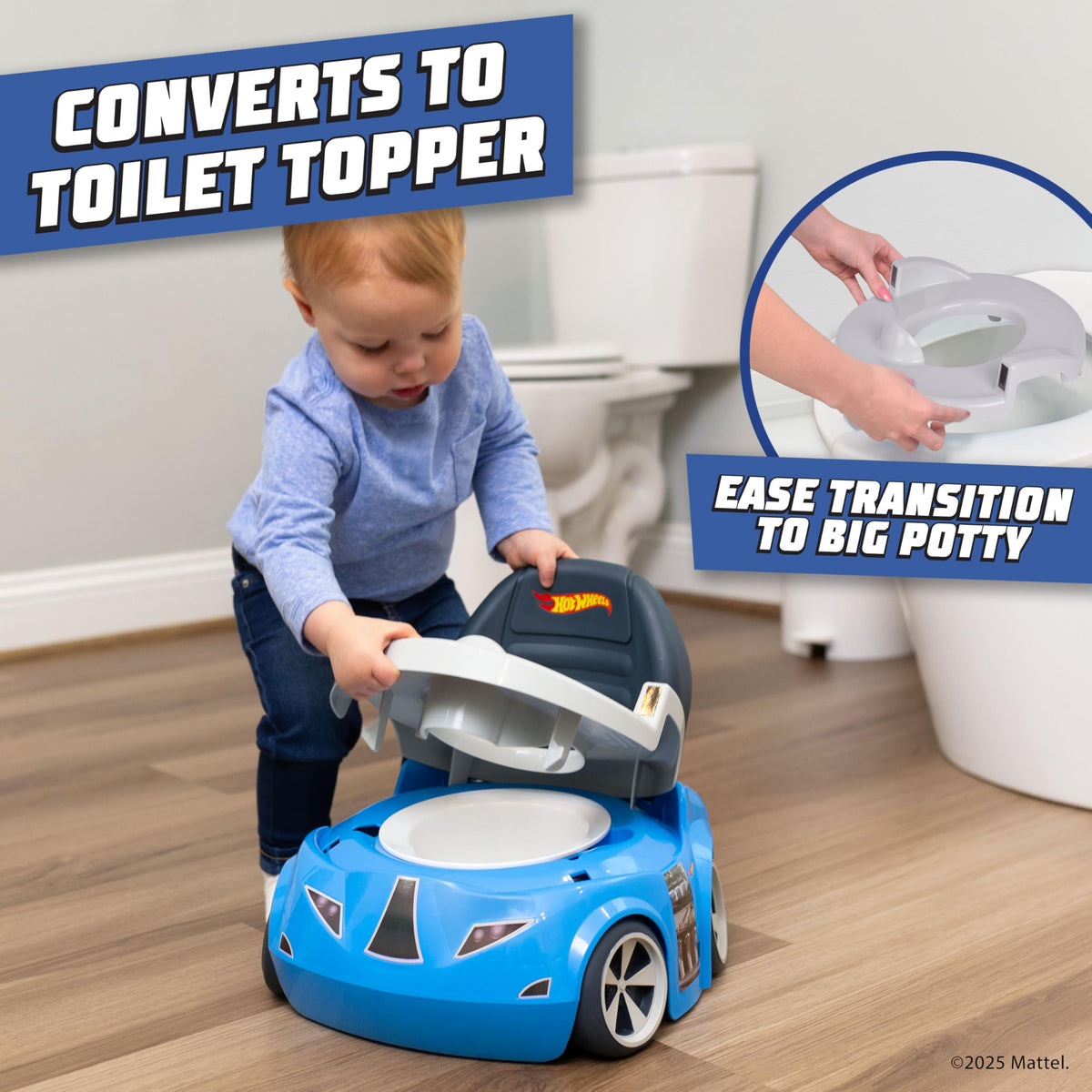 Hot Wheels blue race car potty training seat converts to a toilet topper. Available online for easy ordering.