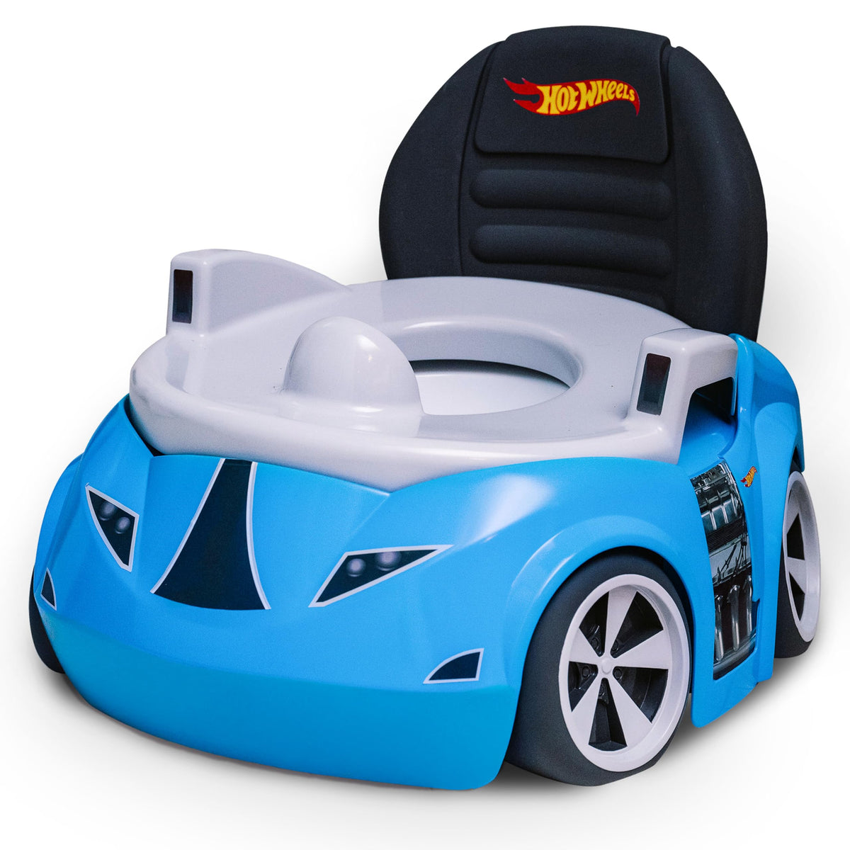 Authentic Hot Wheels blue race car potty training seat designed for fun, featuring a sleek car design for toddlers.
