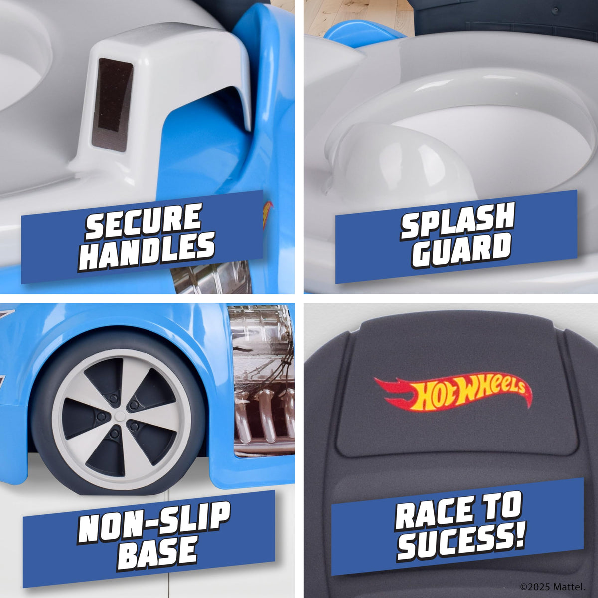 Official Hot Wheels potty training seat featuring a race car design with secure handles, splash guard, and non-slip base.