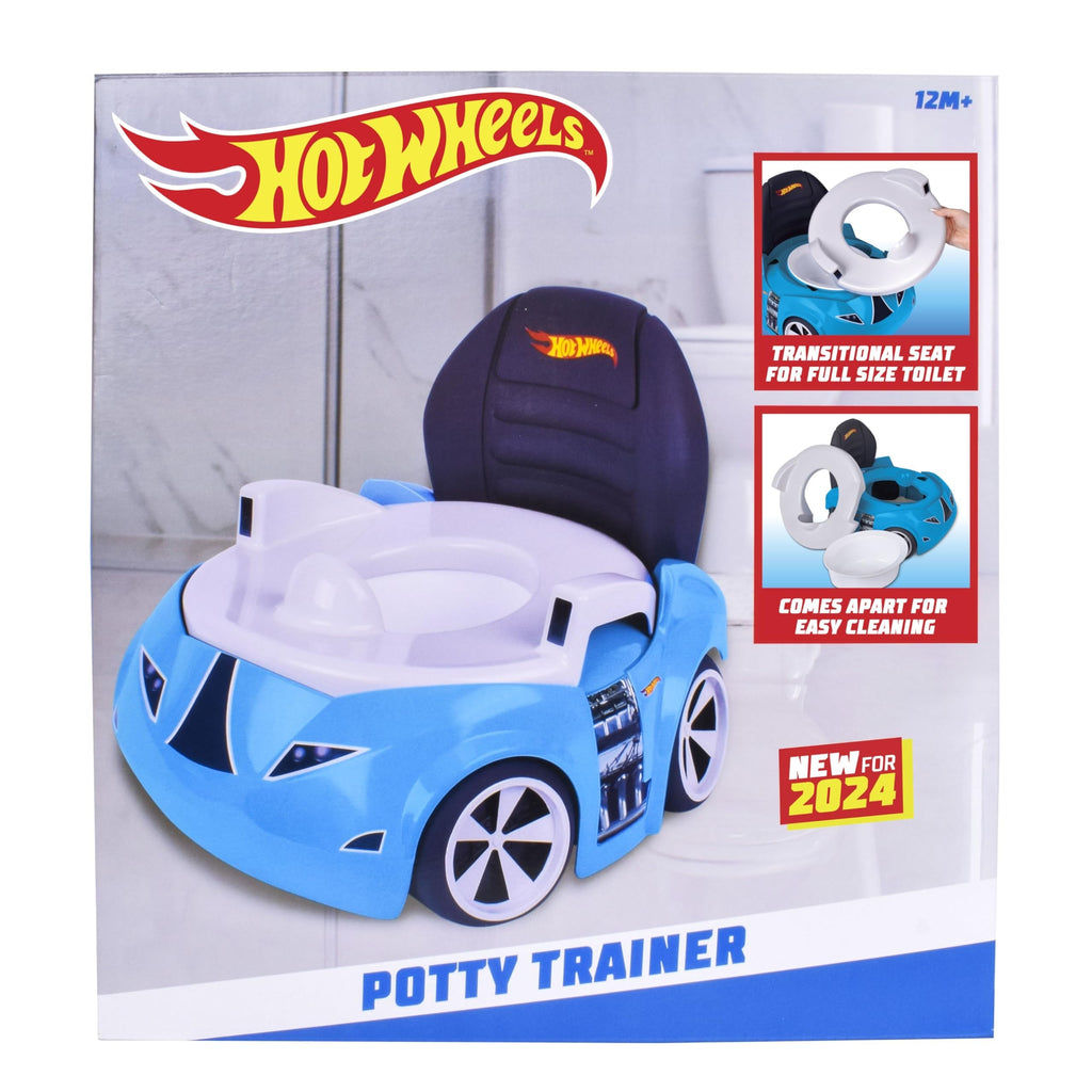 Authentic Hot Wheels potty trainer featuring a blue race car design, perfect for transitional toilet training. Easy to clean.
