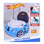 Authentic Hot Wheels potty trainer featuring a blue race car design, perfect for transitional toilet training. Easy to clean.