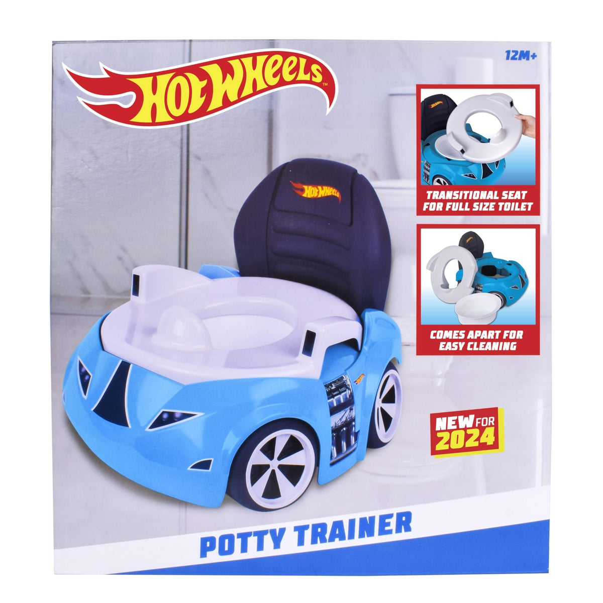Authentic Hot Wheels potty trainer featuring a blue race car design, perfect for transitional toilet training. Easy to clean.