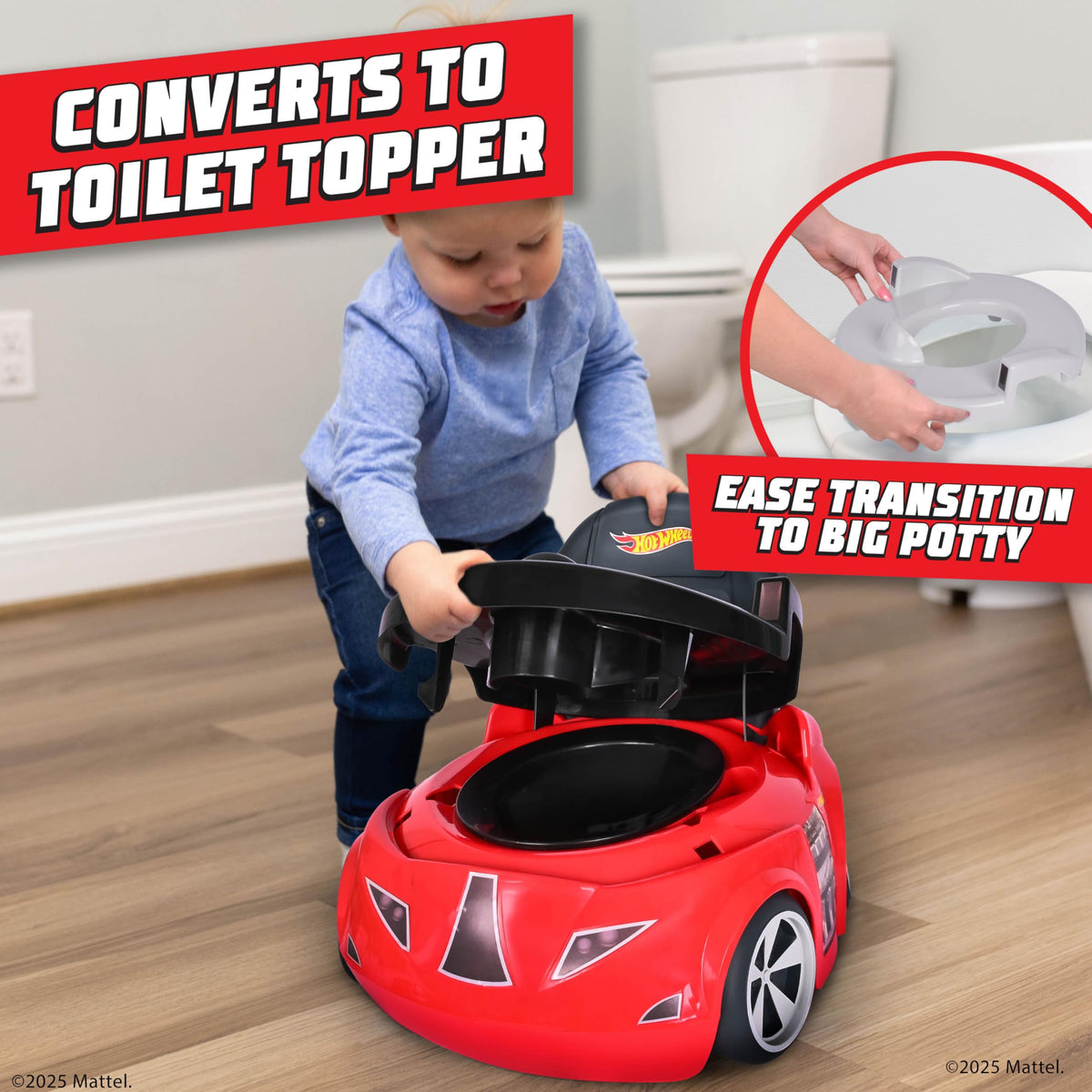 Authentic Hot Wheels potty training toilet converts to toilet topper; perfect for encouraging kids' bathroom independence.