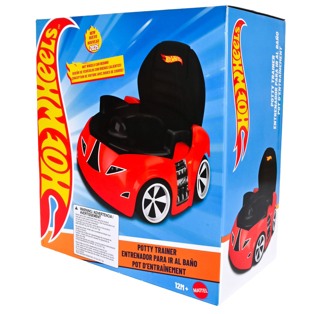 Official Hot Wheels Race Car Potty Trainer designed for children 12 months and up, featuring vibrant colors and a fun design.