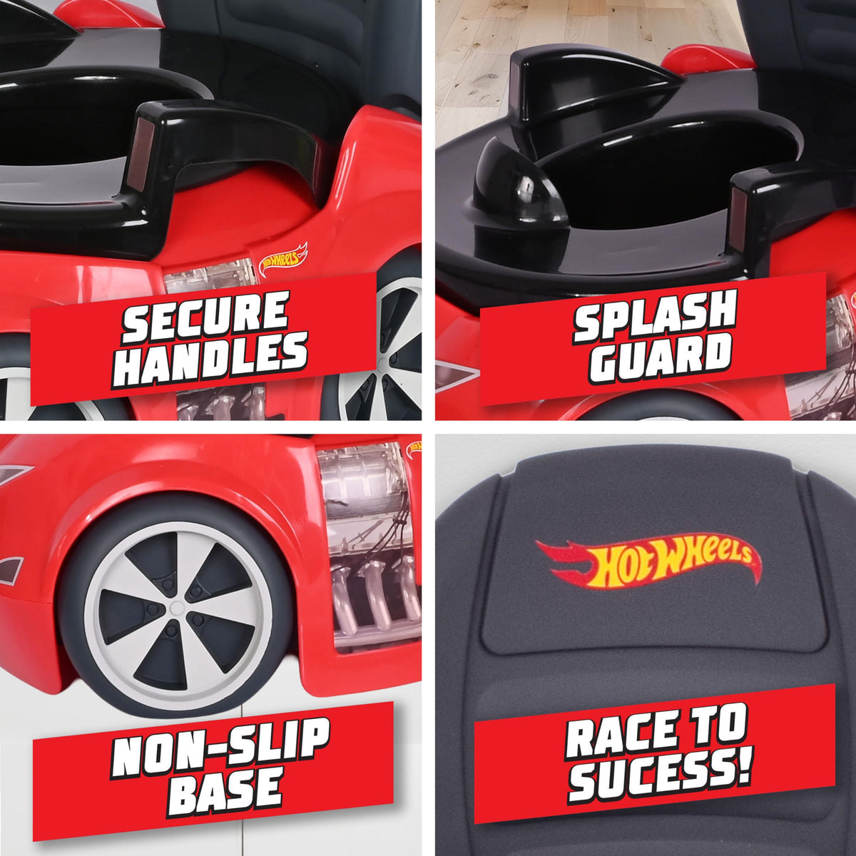 Colorful Hot Wheels race car potty. Features secure handles, splash guard, non-slip base, and encourages potty success!