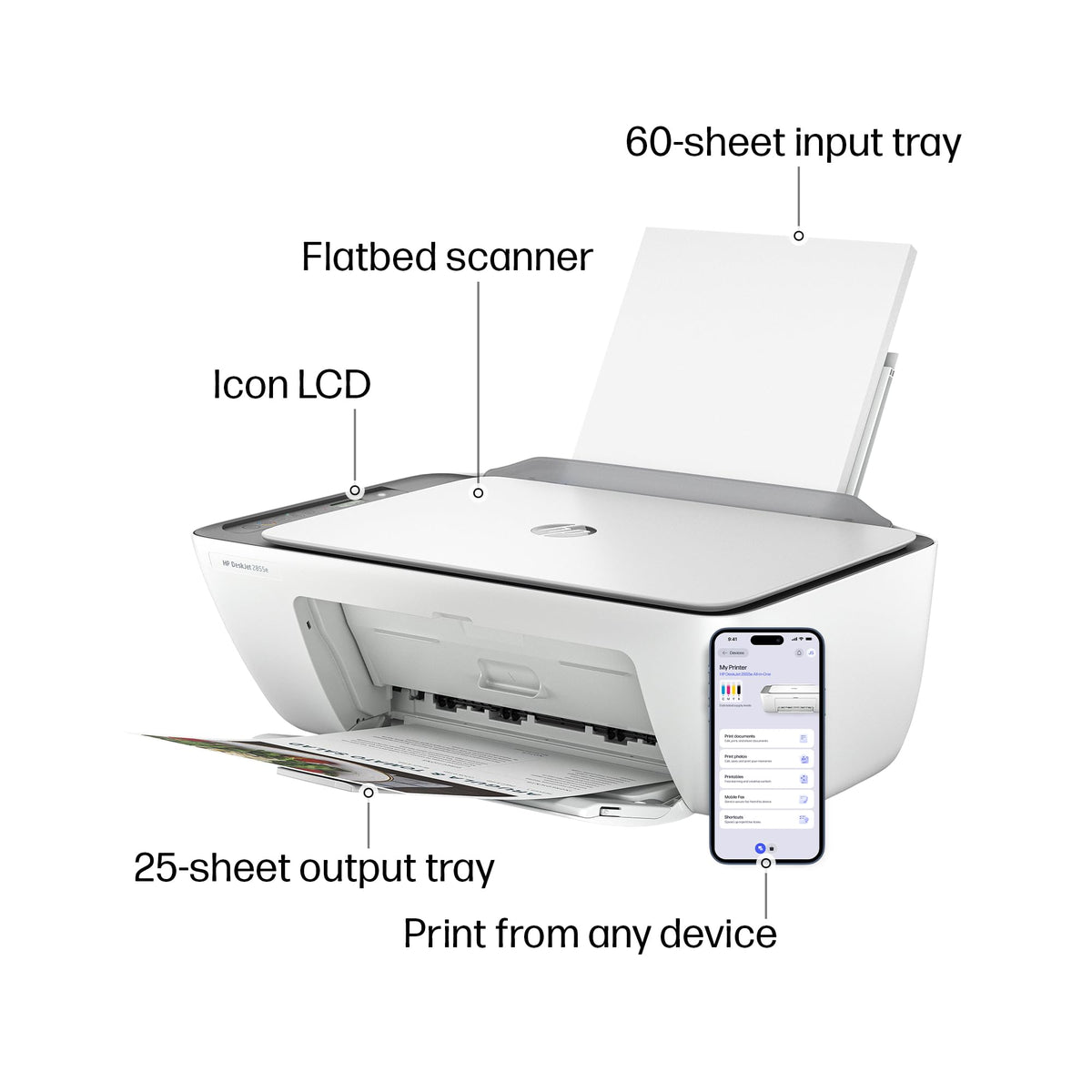 HP DeskJet 2855e Wireless Printer with flatbed scanner and smartphone connectivity. Perfect for daily use. Available at Curat Cart.