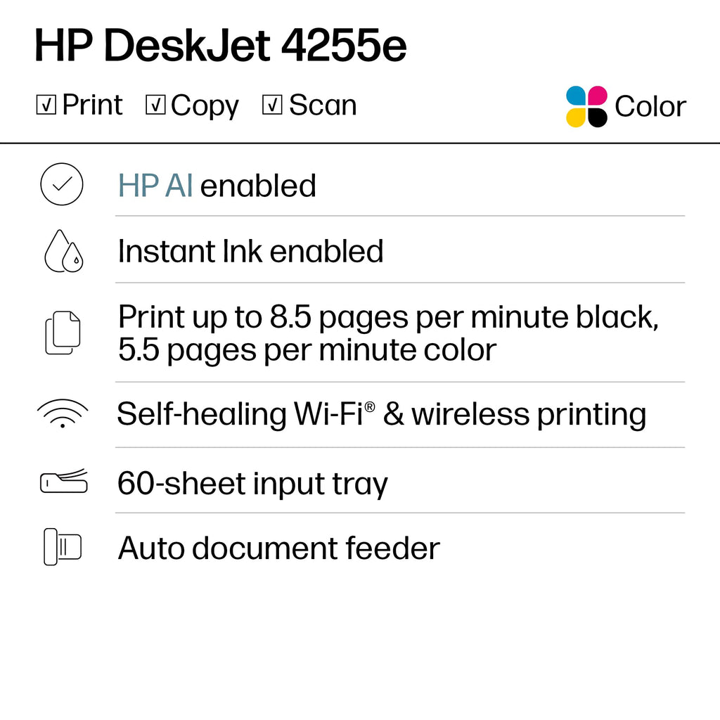 HP DeskJet 4255e Wireless Printer offers print, copy, and scan features. 100% Authentic, available at Curat Cart in India.