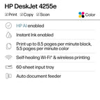 HP DeskJet 4255e Wireless Printer offers print, copy, and scan features. 100% Authentic, available at Curat Cart in India.