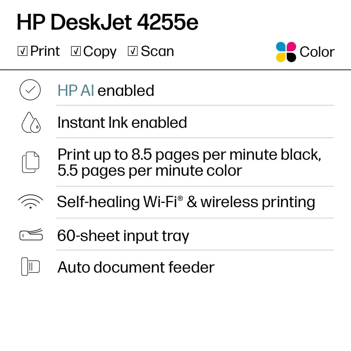 HP DeskJet 4255e Wireless Printer offers print, copy, and scan features. 100% Authentic, available at Curat Cart in India.