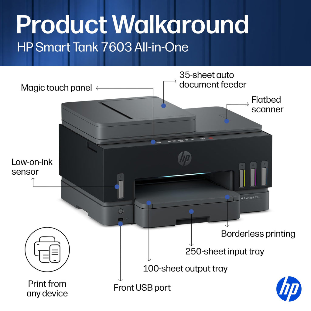 HP Smart Tank All-in-One Printer in official packaging, featuring a flatbed scanner and auto document feeder, available at Curat Cart.