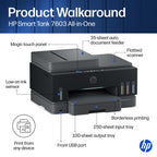 HP Smart Tank All-in-One Printer in official packaging, featuring a flatbed scanner and auto document feeder, available at Curat Cart.