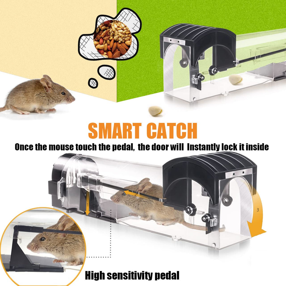 Humane mouse traps in official packaging from Curat Cart, featuring a high-sensitivity pedal for effective catch. Perfect for safe pest control.