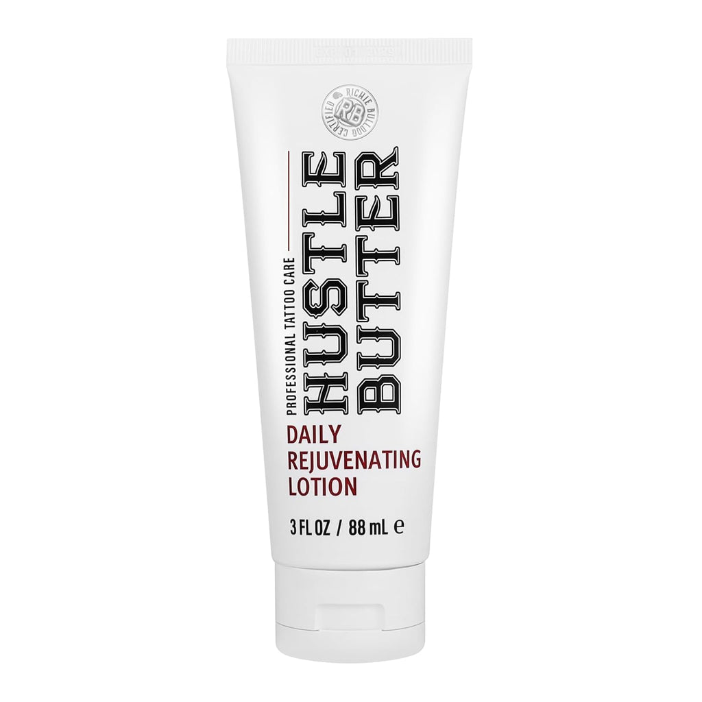 Hustle Butter Daily Rejuvenating Lotion in a 3 oz tube for authentic tattoo aftercare, ensuring vibrant and healthy skin.