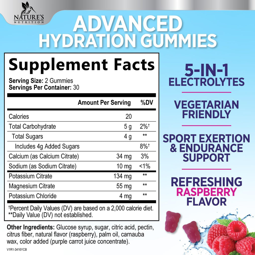 Hydration Electrolyte Gummies offer 5-in-1 electrolytes, vegetarian-friendly, and refreshing raspberry flavor. 100% Authentic, available in India at Curat Cart.
