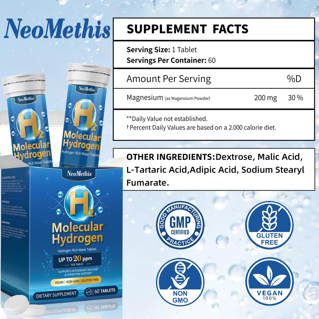 Hydrogen Water Tablets in official packaging by NeoMethis, featuring high-quality design and supplement facts. Available at Curat Cart.