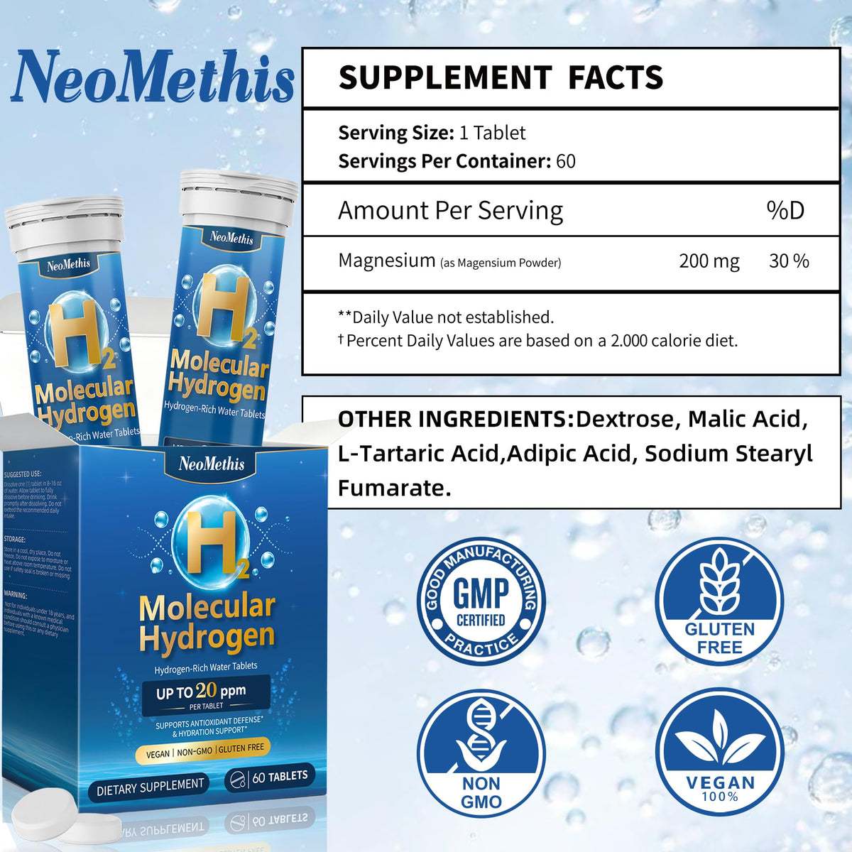 Hydrogen Water Tablets in official packaging by NeoMethis, featuring high-quality design and supplement facts. Available at Curat Cart.