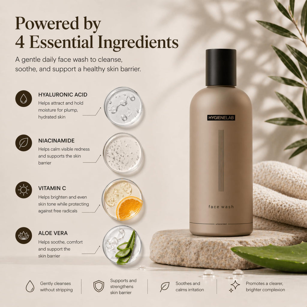 HygieneLab Face Wash in official packaging, enriched with hyaluronic acid and niacinamide for gentle cleansing. Available at Curat Cart.