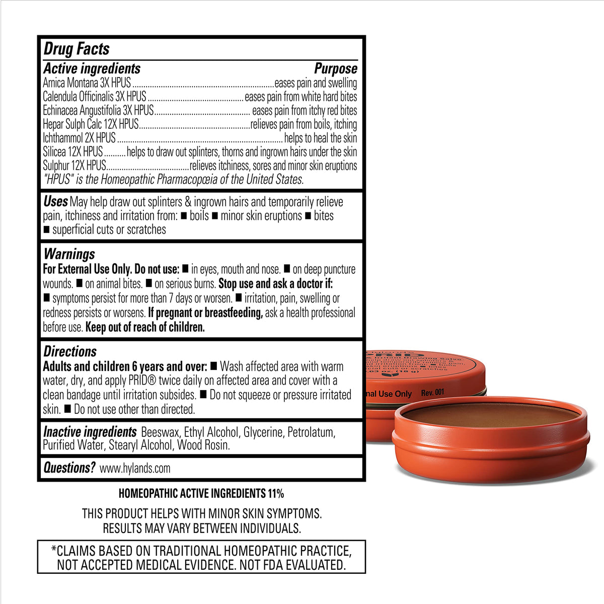Hyland's PRID Drawing Salve in official packaging, designed for minor skin issues, available at Curat Cart.