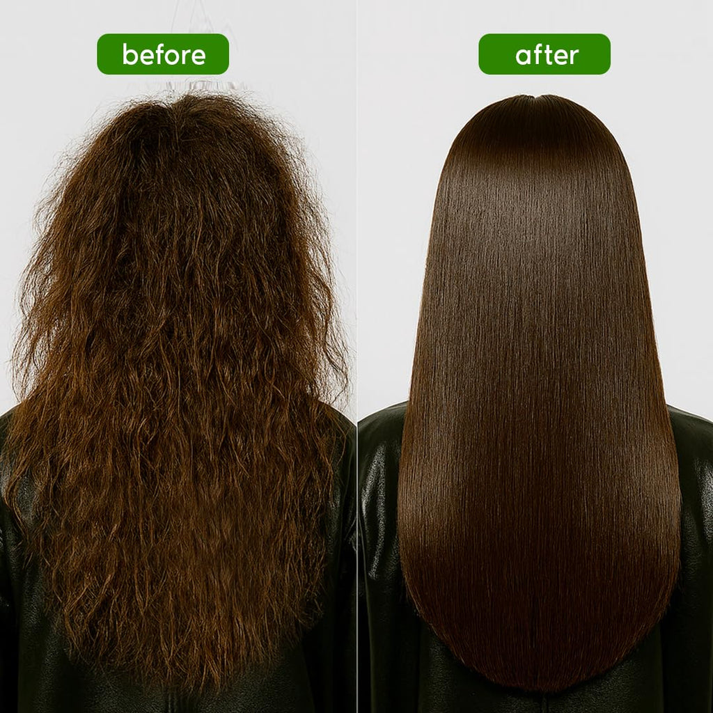 Before and after results of I Belli Capelli Ravenna Hair B-tox Treat showing smooth, sleek hair. Verified by CuratCart.