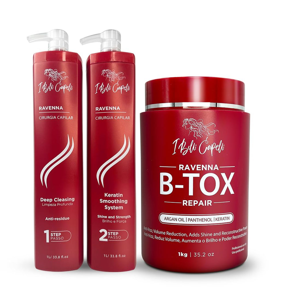 Authentic I Belli Capelli Ravenna B-tox Treat with Deep Cleansing and Keratin Smoothing System for vibrant hair.