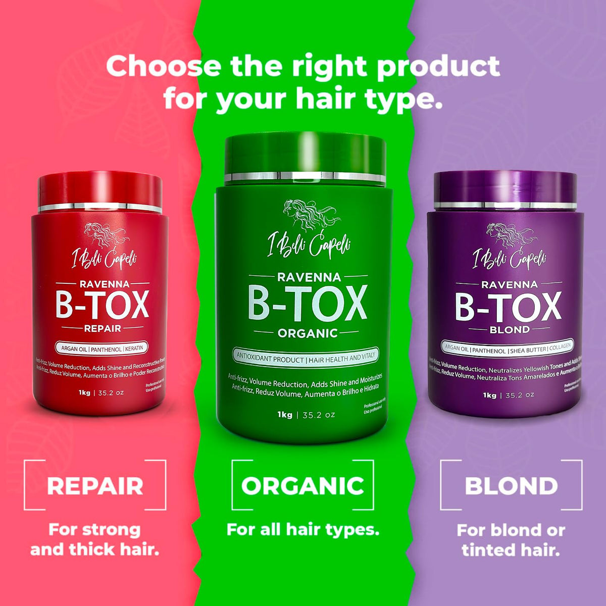 I Belli Capelli Ravenna B-tox treatments: Repair for strong hair, Organic for all types, and Blond for tinted hair. Verified by CuratCart.