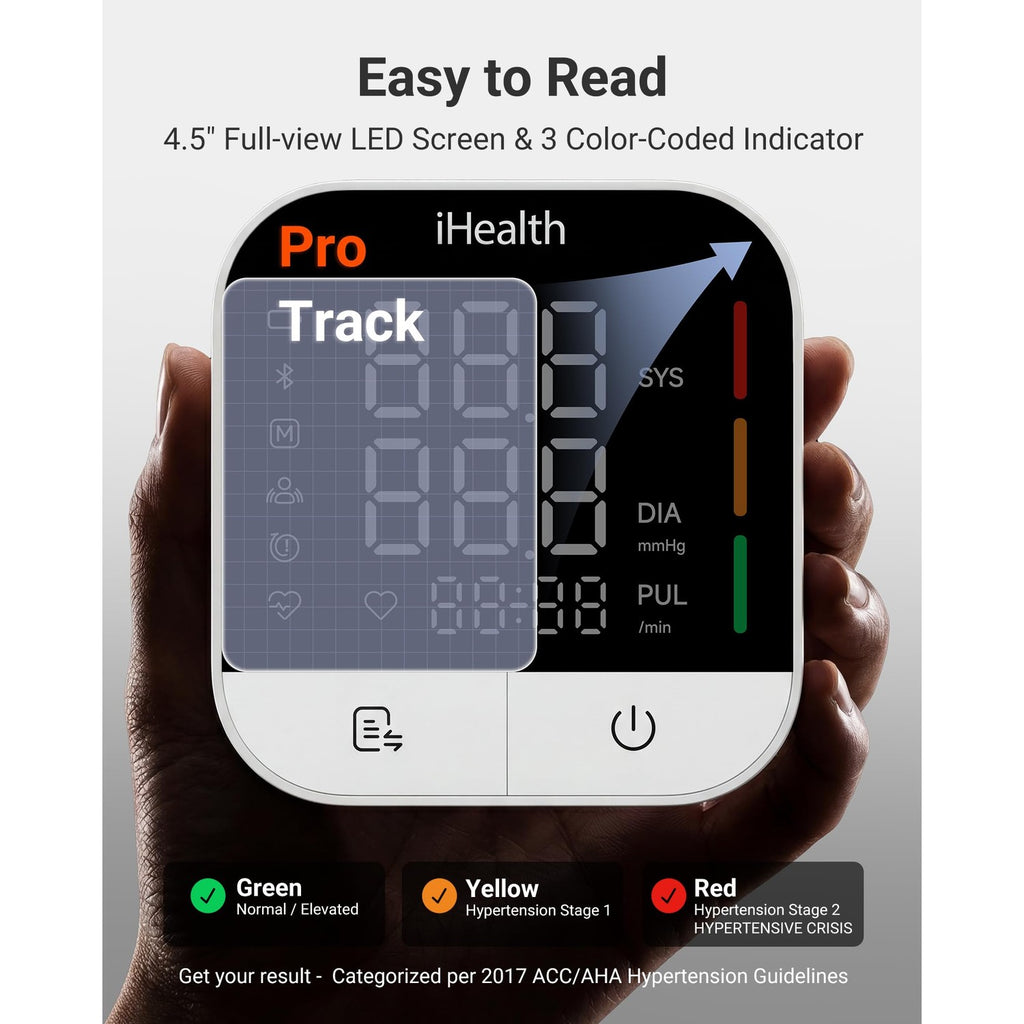 iHealth Track Pro Blood Pressure Monitor features a 4.5-inch LED screen with color-coded indicators for easy reading, available at Curat Cart.