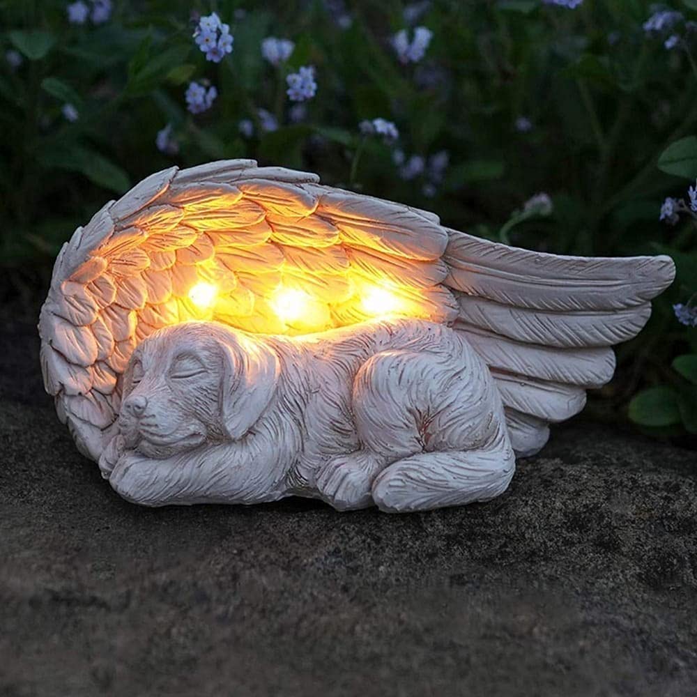 Premium imported iHeartDogs Guardian Angel Solar Light, featuring a serene sleeping dog under angel wings, perfect for outdoor decor. Available at Curat Cart.