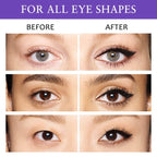 Before and after images showcasing the iMethod Winged Eyeliner Stamp, highlighting its ease of use for all eye shapes.