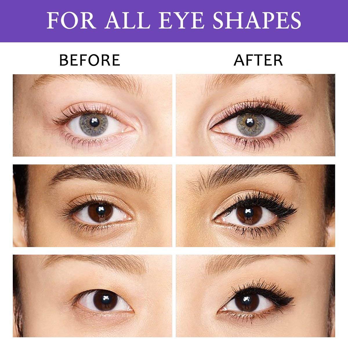 Before and after images showcasing the iMethod Winged Eyeliner Stamp, highlighting its ease of use for all eye shapes.