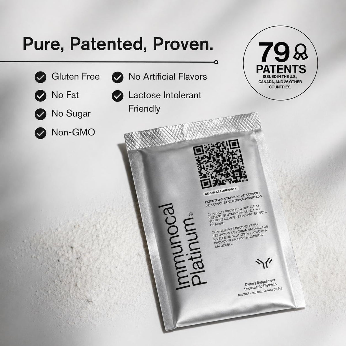 Immunocal Platinum Glutathione Precursor in high-quality official packaging, highlighting purity and 79 patents. Available at Curat Cart.