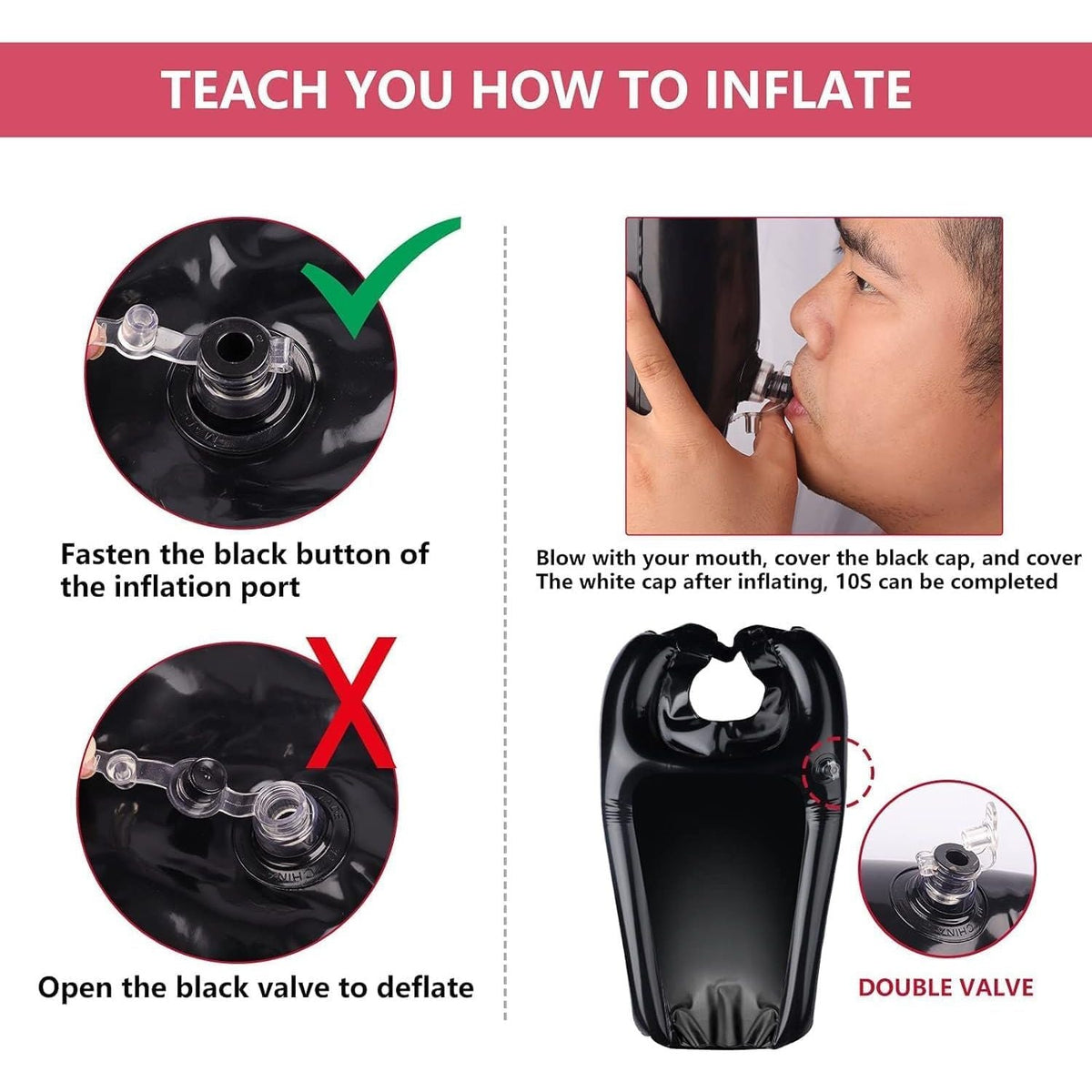 Premium imported inflatable shampoo basin with clear inflation instructions for easy use and deflation.