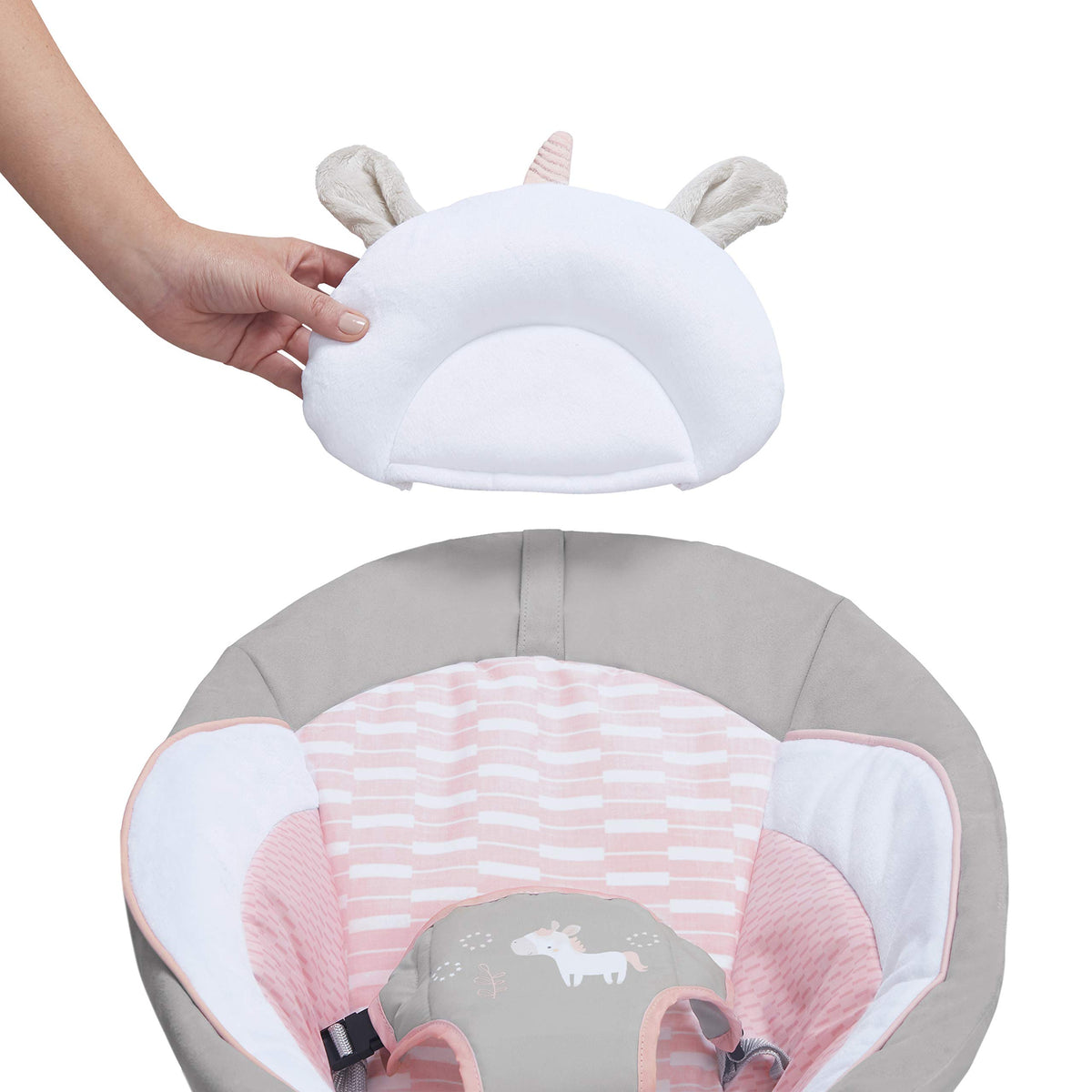 Discover the Ingenuity Soothing Baby Bouncer with a soft unicorn headrest, perfect for daily use. Available at Curat Cart.