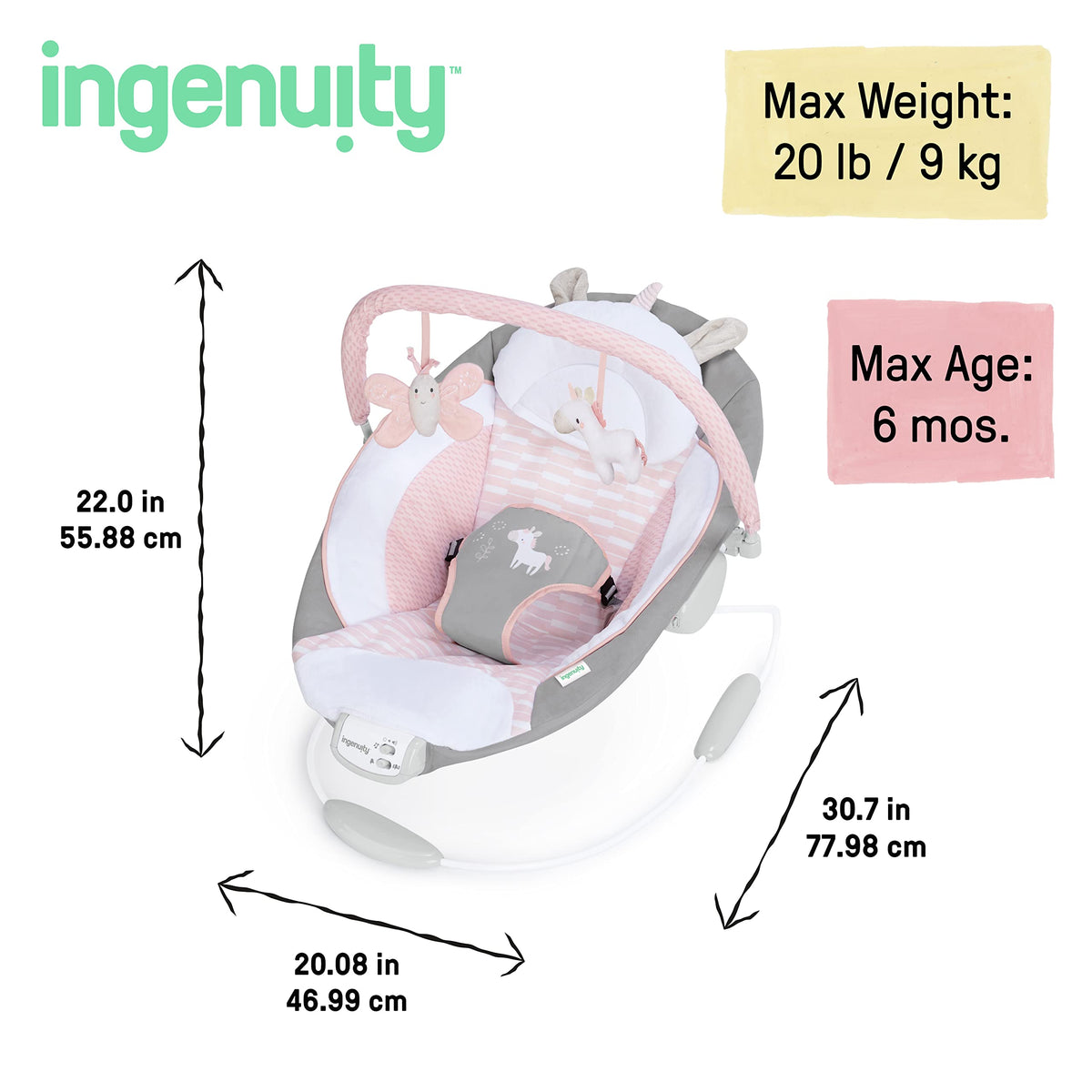 Discover the Ingenuity Soothing Baby Bouncer in official packaging, designed for comfort and style at Curat Cart. Ideal for babies up to 6 months.