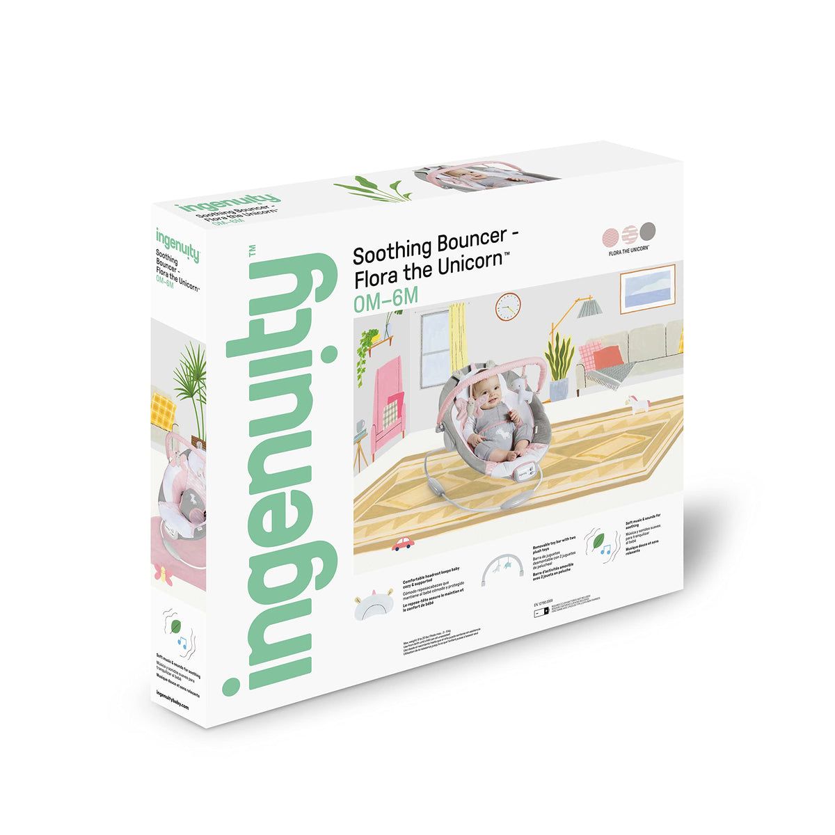 Explore the Ingenuity Soothing Baby Bouncer in official packaging, perfect for infants 0M-6M. Available at Curat Cart.