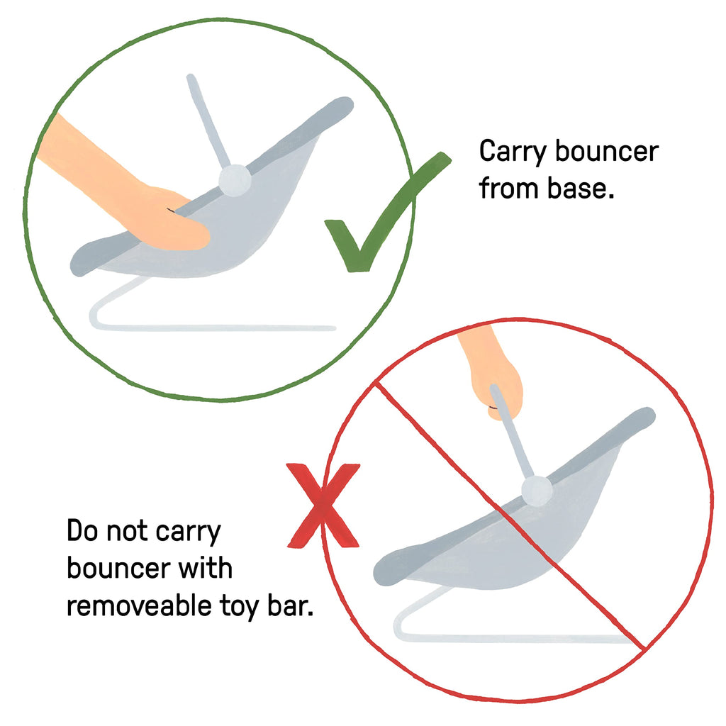 Care instructions for the Ingenuity Soothing Baby Bouncer, exclusively curated by Curat Cart, highlight safe handling tips.