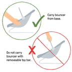 Care instructions for the Ingenuity Soothing Baby Bouncer, exclusively curated by Curat Cart, highlight safe handling tips.